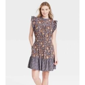 Universal  Thread Flutter Sleeve Floral Mini Praire Style Dress